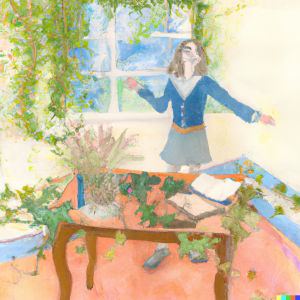 Innovator Ivy IdeaGrove, dancing beside her desk adorned with miniature plants named after famous authors.